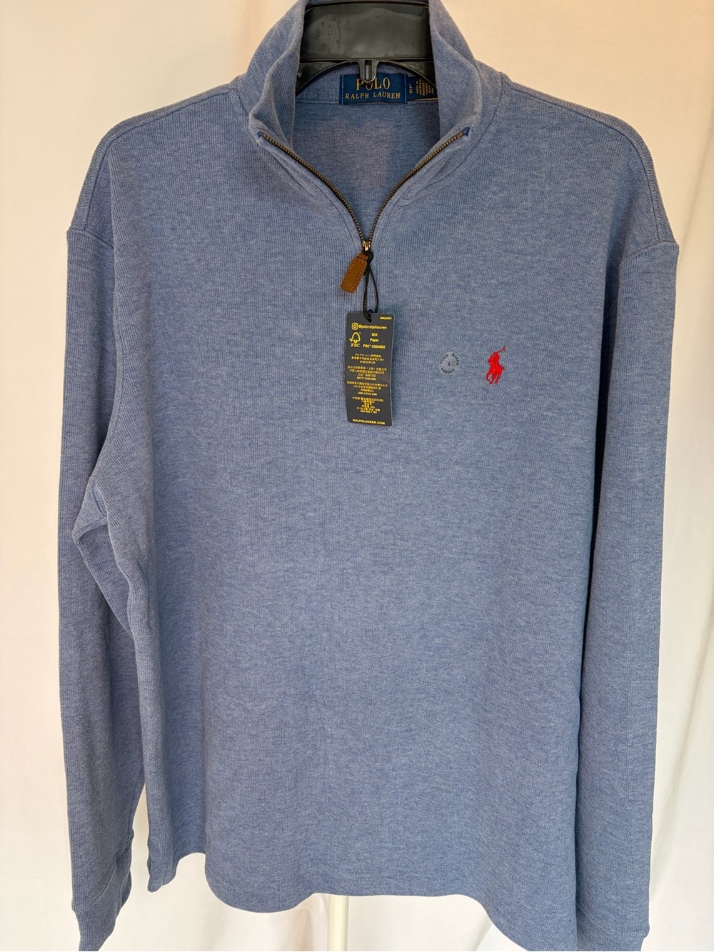 Ralph Lauren Men's Heather Blue Quarter-Zip Sweater with Red Pony-Large